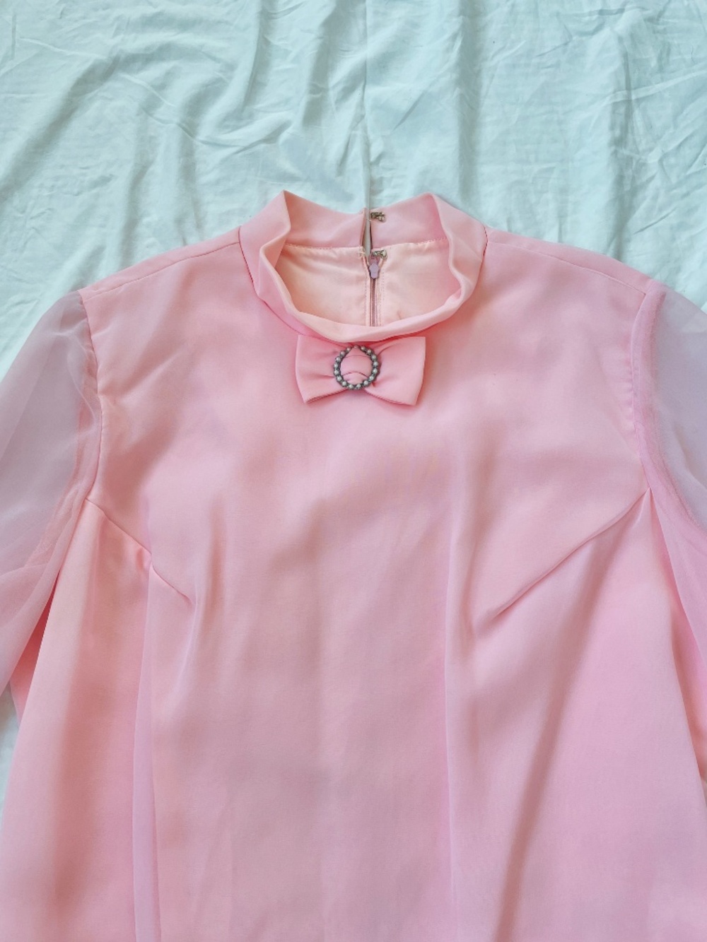 Vintage 1960s Ballet Pink Chiffon Bow Dress L - Picture 5 of 14